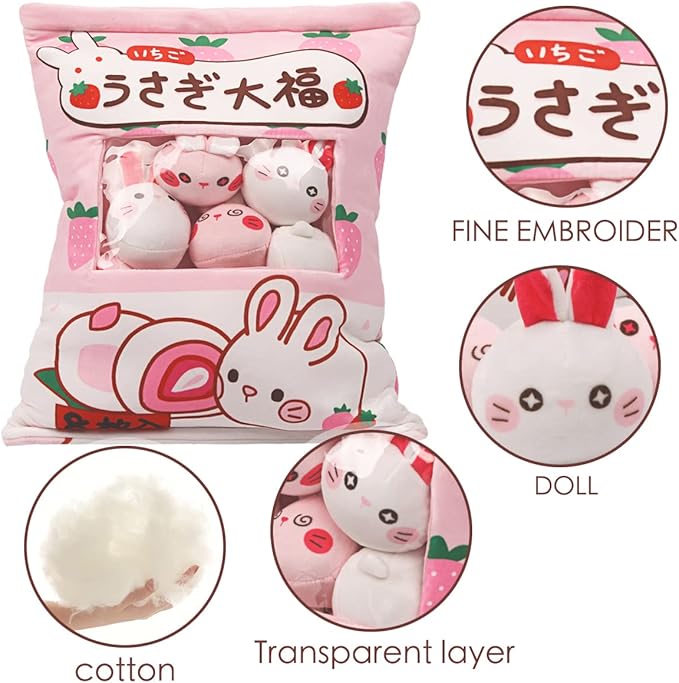 ARELUX Cute Bunny Plush Pudding Pillow:Snack Pillow Toys Bag Removable Stuffed Animal 8Pcs Sets Creative Plush,Soft Rabbit Bunny Plushie Animal Throw Pillow,Dolls Friends Family Member