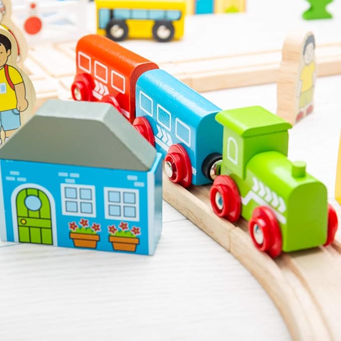 Bigjigs Rail Wooden Town and Country Train Play Set with Accessories