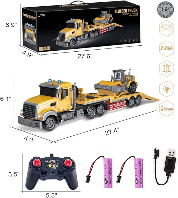Remote Control Semi Truck Toy For Kids - 1:24 RC Semi-trailer Engineering Tractor With Sound And Lights, Trailer Truck Toy With Inertia Roller, Construction Vehicles For Boys & Girls 3-8 Years Old