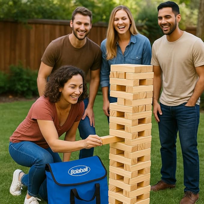 Giant Timber Tower, Outdoor Games Combo, 45 Giant Tumbling Blocks, 28 Giant Dominoes, and 6 Giant Dice, Classic Block Giant Outdoor Game for All Age Groups (Timber Tower)