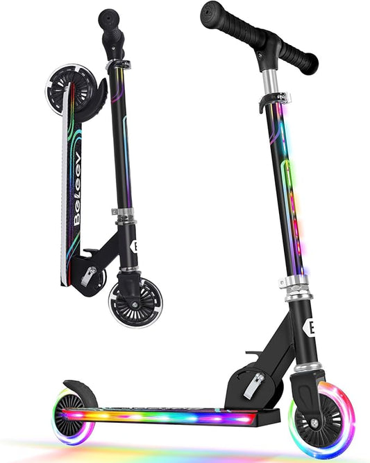 BELEEV V2 Scooters for Kids with Light-Up Wheels & Stem & Deck, 2 Wheel Folding Scooter for Girls Boys, 3 Adjustable Height, Non-Slip Pattern Deck, Lightweight Kick Scooter for Children Ages 3-12