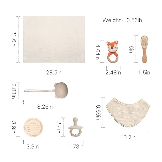 Baby Gift Set for Newborn, New Baby Bath Gift Set 7 Pcs, Baby Essentials Shower Set with Bath Towel+Teether+Rattle Toy+Pacifier Bag+Drool Towel+Brush+Wooden Milestone for Boy & Girls