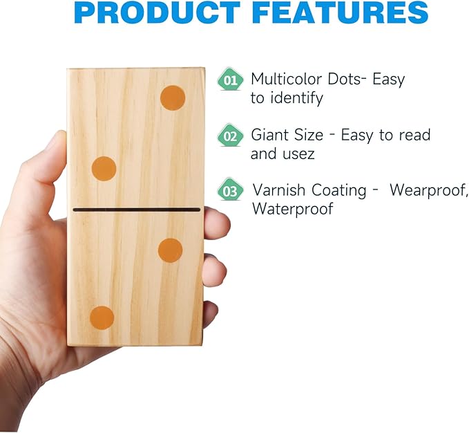GSE Games & Sports Expert Medium Wooden Dominoes with Multi-Color Dots, 28 Pieces 5" x 2.5" Dominoes Game Set with Storage Bag for Home, Yard