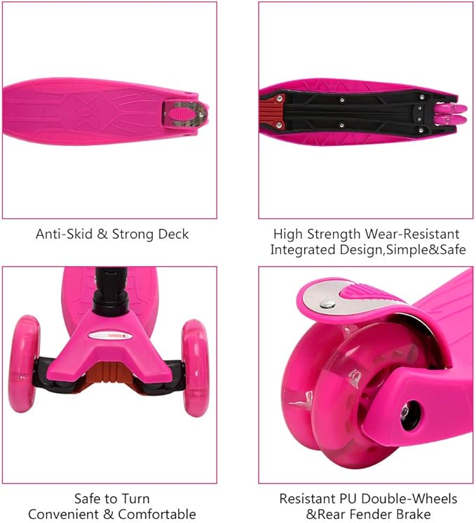 ChromeWheels Scooters for Kids, Deluxe Kick Scooter Foldable 4 Adjustable Height 132lbs Weight Limit 3 Wheel, Lean to Steer LED Light Up Wheels, Best Gifts for Girls Boys Age 3-12 Year Old