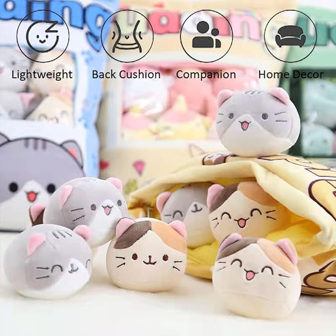 ARELUX Cute Cat Plush Pudding Pillow:Snack Pillow Toys Bag Removable Stuffed Animal 8Pcs Sets Creative Plush,Soft Yellow Cat Plushie Animal Throw Pillow,Dolls Friends Family Member