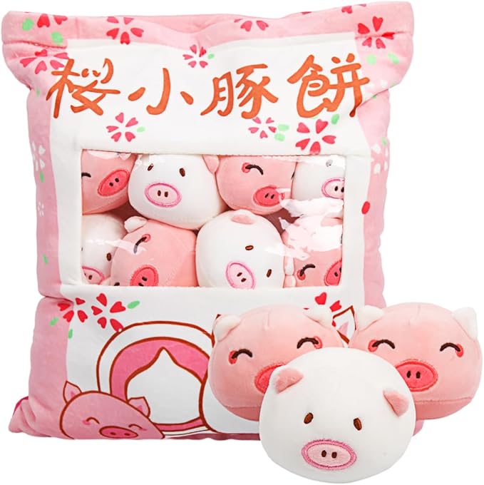 ARELUX Cute Pig Plush Pudding Pillow:Snack Pillow Toys Bag Removable Stuffed Animal 8Pcs Sets Creative Plush,Soft Sakura Pig Plushie Throw Pillow,Dolls Friends Family Member