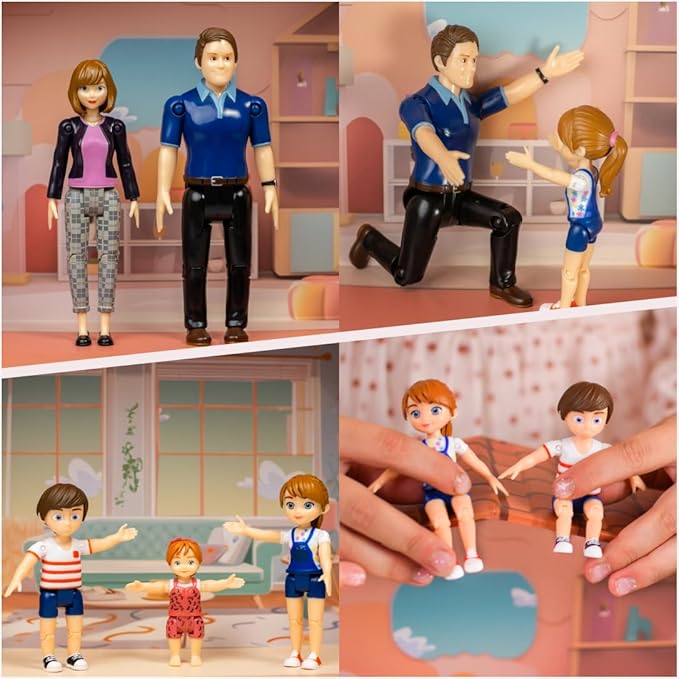 Family Dollhouse People - Doll House People Figures - 5 Poseable Action Figures Incl. Mom, Dad, Sister, Brother, Toddler - Small Dolls for Dollhouse - Dollhouse Dolls (Family)