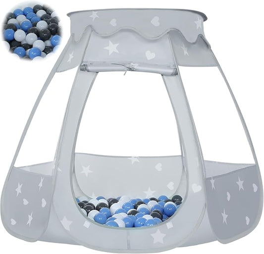 Baby Ball Pit for Toddler with 50 Balls, Kids Pop Up Play Tent for Girls, Princess Toys Gifts for Children Indoor & Outdoor Playhouse (Gray: Gray/White/Babyblue, 109x90cm/50 Balls)