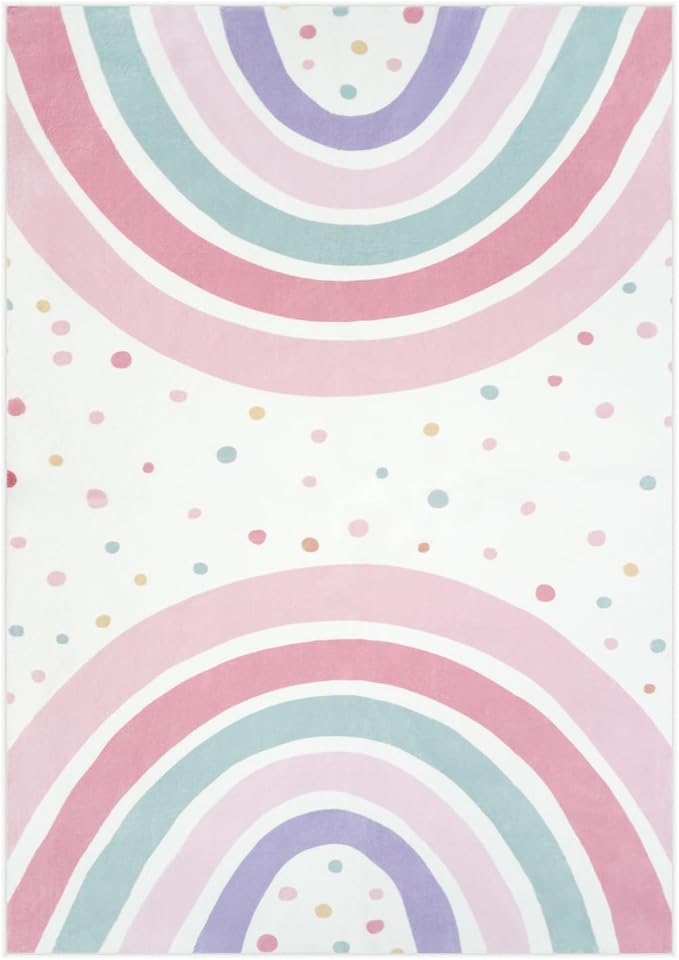 STARUIA 5x7 Washable Rainbow Rug for Kids Room Nursery, Soft Polka Dot Pink Rug for Bedroom Girls, Non-Slip Large Carpet Kids Area Rug for Playroon Princess Castle