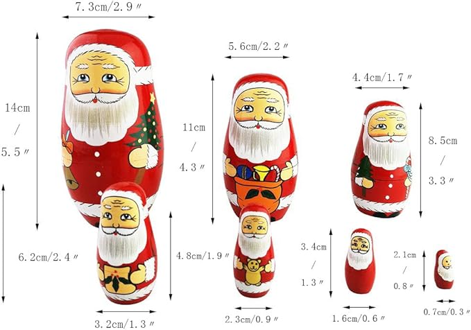 Winterworm Cute Creative Santa Claus's Bringing Kinds of Gifts to You Pattern Handmade Wooden Matryoshka Dolls Russian Nesting Dolls Set 7 Pieces for Kids Toy Birthday Home Decoration