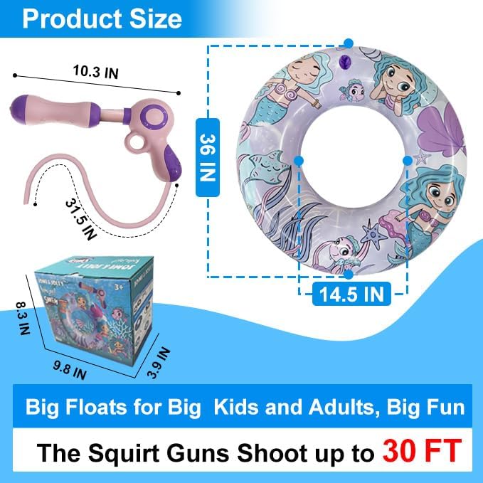 Inflatable Pool Float with Water Gun, Floaties for Adults Teens and Kids, Pool Toys for Kids Ages 8-12, Beach Inner Pool Tubes for Floating, Summer Fun Pool Party Swim Ring