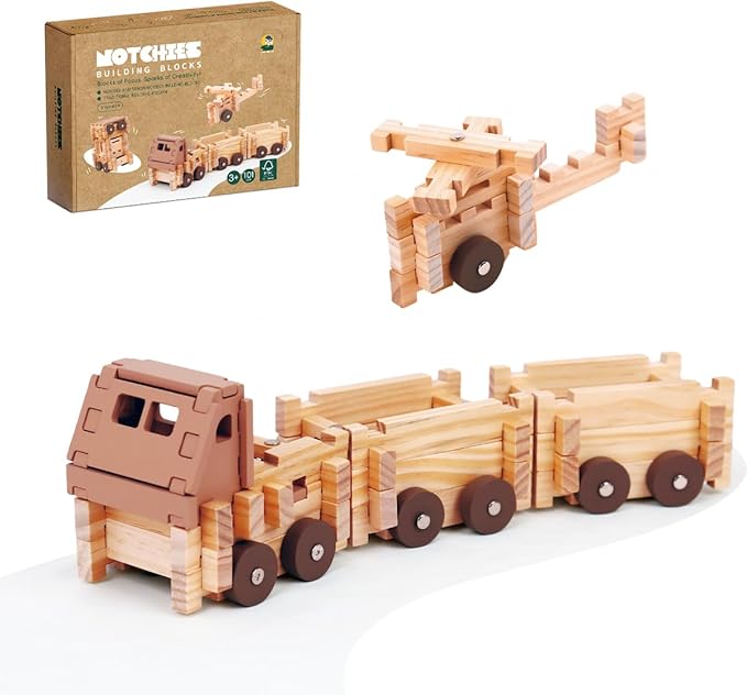 Jovi-mindly&Notchies Wooden Blocks Train Set 101 PCS Create 40+ Shapes,Toys Educational Wooden Building Blocks Puzzles for Kids Ages 5-8 Boys and Girls,Truck/Excavator,FSC Certified,Graduate Gifts
