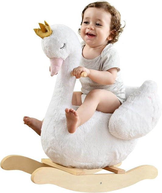 labebe Kids Rocking Horse White Swan with Little Plush Doll Toys, Stuffed Animal Wooden Rocker for Children 6 Months Boys and Girls/Nursery Christmas, Birthday Gift (Rocking Swan)