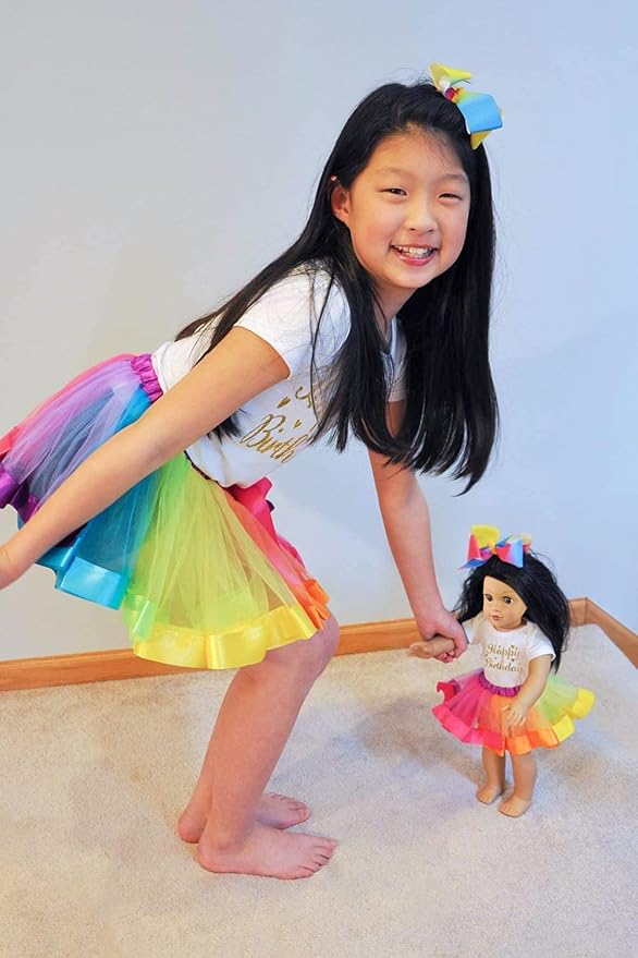 ZITA ELEMENT Birthday Clothes Outfits for Girls Matching Dolls - 1 Cotton Shirts with Sequins Rainbow, 1 Rainbow Tutu Skirts and 1 Bow Hair Clips for 7-9 Years Girls and 18 Inch Girl Dolls