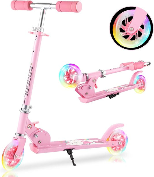 Scooter for Kids Ages 3-12 - Kids Kick Scooters with Led Light Up Wheels & 3 Levels Adjustable Handlebar, Lightweight Foldable 2 Wheel Girly Pink Scooter Christmas Birthday for Girls Boys.