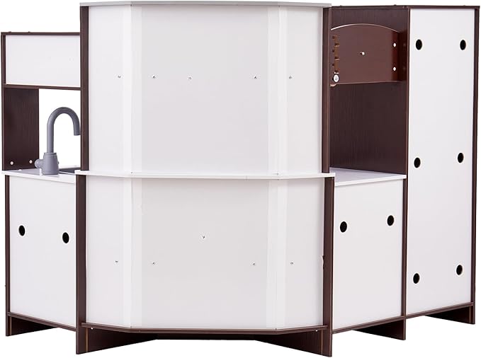 VEVOR Interactive Wooden Toy Play Kitchen Playset for Kids with Lights and Sounds, Corner Design with Ice Maker, Oven, Sink, Clock, Microwaves, Refrigerator and Accessories, for Girls & Boys, Brown