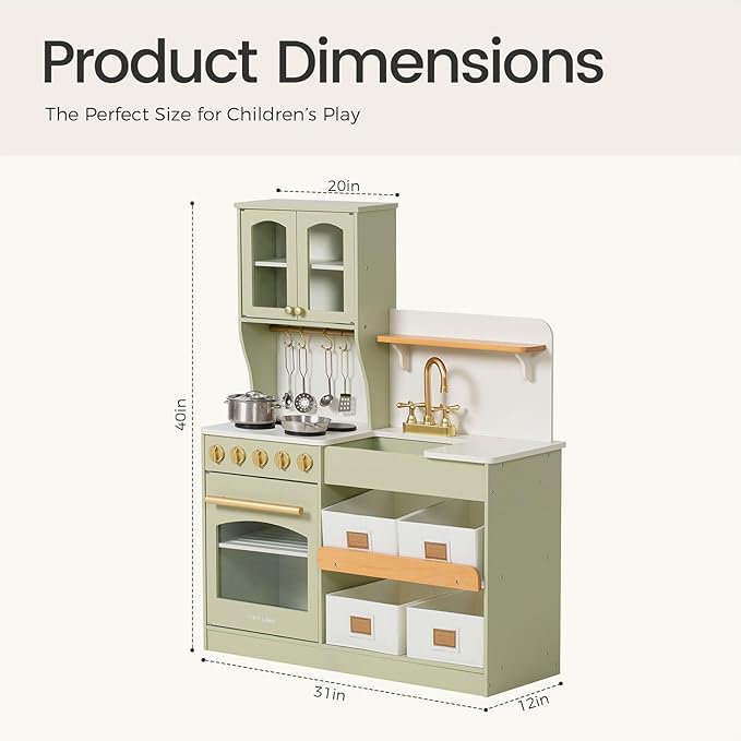 Tiny Land Play Kitchen for Kids with Storage System, Toy Kitchen Set with Plenty of Play Features Gift for Ages 3+