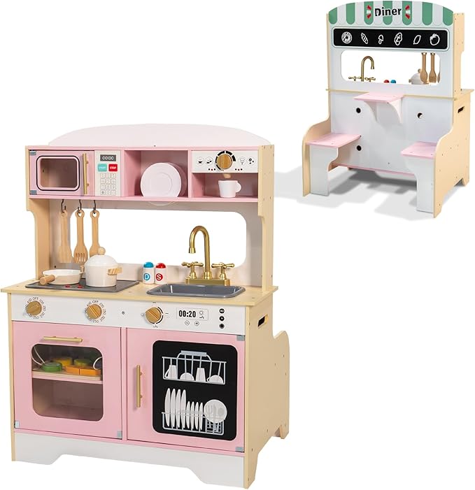 Garsing Toy Kitchen Playset with Real Sounds and Lights, Double Sided Kids Kitchen Playset with Restaurant, Wooden Play Kitchen with Cutting Food Set and Cooking Accessories for Kids Ages 3-8, Pink