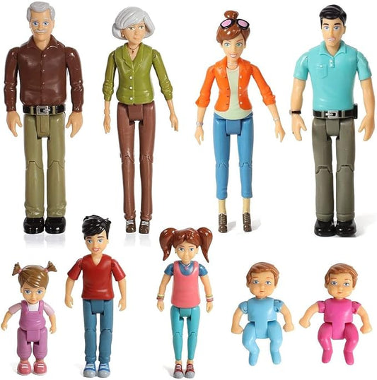 Sweet Li'l Family Dollhouse People Set of 9 Action Figure Set - Grandpa, Grandma, Mom, Dad, Sister, Brother, Toddler, Twin Boy & Girl
