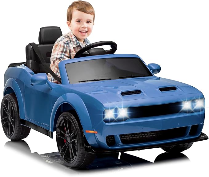 Kids Electric Car | Licensed Dodge Challenger Ride-On 12V Battery-Powered Vehicle with Remote, LED Lights, Bluetooth, MP3 for Boys and Girls, Blue