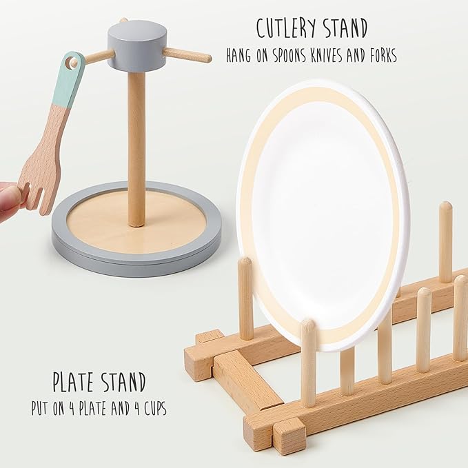 Wooden Play Kitchen Accessories Toys for Toddlers 3-5, Kids Play Kitchen with Realistic Plates & Dishes & Tableware, Montessori Pretend Christmas Birthday Gifts for 3 4 5 6 Years Girls Boys