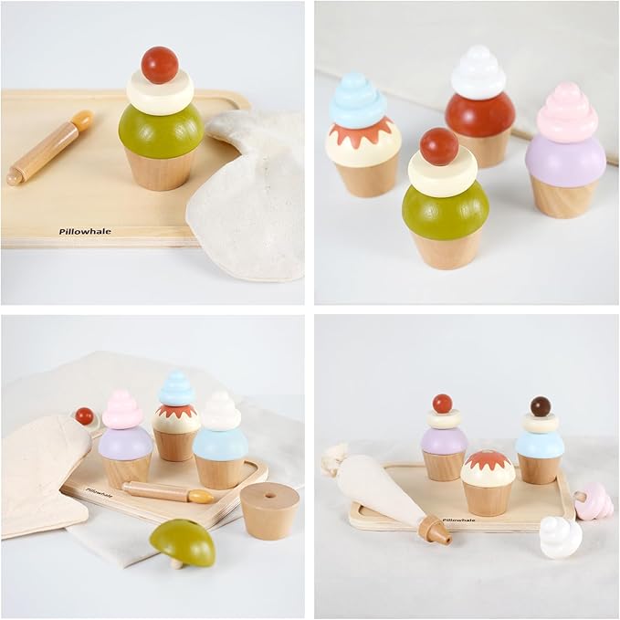 Wooden Cupcakes Toy,Kids Kitchen Playset,Pretend Play Food with Menu,Birthday Cake Toy for Toddlers Boys Girls Ages 3+