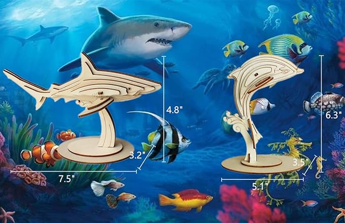 3D Wooden Sea Animal Puzzle - 6 Piece Set Wood Sea Animals Skeleton Assembly Model Kits - Wooden Crafts DIY Brain Teaser Puzzle - STEM Toys Gifts for Kids and Adults Teens Boys Girls