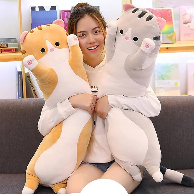 Cute Cat Plush Long Body Pillow Cuddle Cartoon Stuffed Animals Cat Plushie Soft Doll Pillows Gifts for Kids Girls(Gray, 35 Inches), 1 Count (Pack of 1)