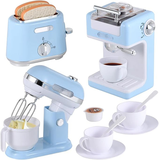 Pretend Play Kitchen Appliances Toy Set with Coffee Maker Machine, Mixer and Toaster, Play Kitchen Accessories with Sound & Light Birthday Gifts for Kids Age 3+ Boys and Girls