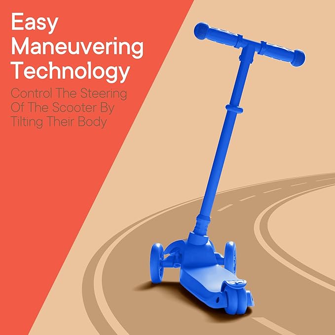 Blue Mini 3 Wheel Scooter for Kids – Lean-to-Steer with LED Light-Up Wheels, Adjustable Handlebar, Wide Anti-Slip Deck, Smooth PU Wheels, Rear Foot Brake – Toddler Scooter for Ages 2+