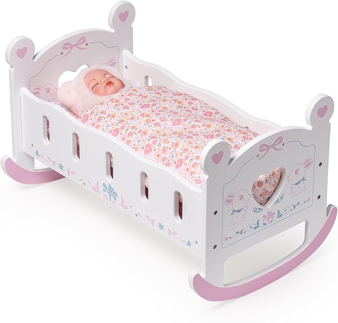 ROBUD Wooden Baby Doll Crib, Baby Doll Bed Toys, for Dolls Up to 18 Inch, Doll Accessories - with Mattress, Pillow, Quilt, Gift for Boys & Girls, Ages 3+