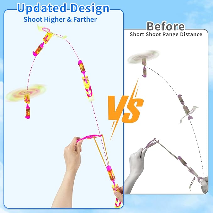 50 Pcs Slingshot Flying Toys with Led Lights,25 Pcs LED Arrow Helicopters + 25 Pcs Launchers,Summer Outdoor Game Glow in The Dark Party Supplies Party Favors for Kids 4-8,8-12 Bulk Toys