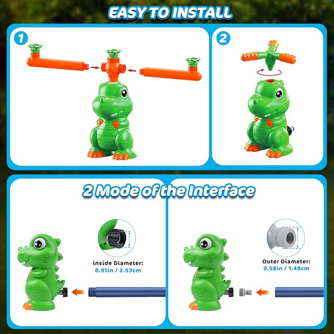 VATOS Water Sprinkler Baseball Outdoor Toy for Kids, 4 in 1 Dinosaur 360ยฐ Spin Sprinkler Water Tee-Ball & Ball, Summer Fun Play Games Outside Backyard Yard Garden Lawn for Toddlers Boys Girls