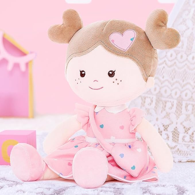 Onetoo First Baby Dolls Plush Rag Doll Soft Baby Toy Girls Sleeping Cuddle Buddy Doll Wear Pink Dress 14"