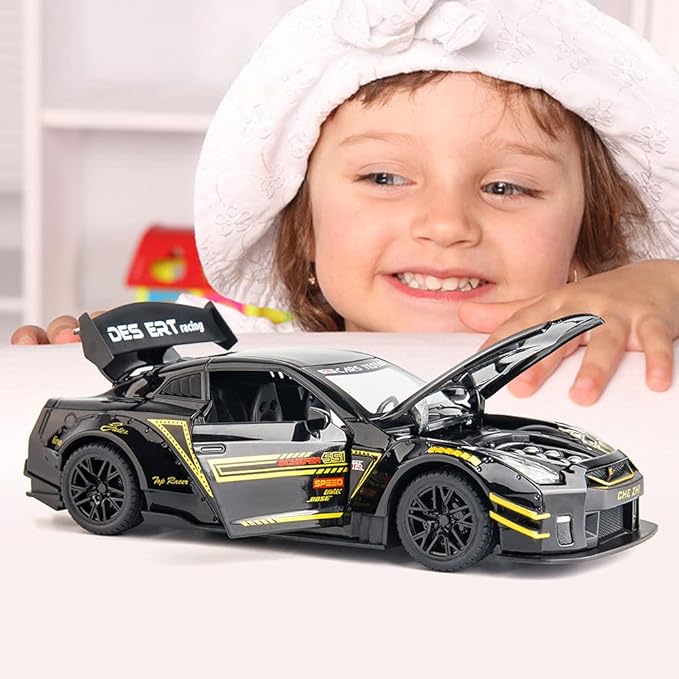 BDTCTK 1/24 Scale Compatible for Nissan GTR Model Car Toy, Zinc Alloy Pull Back Toy car with Sound and Light for Kids Boy Girl Gift (Black)