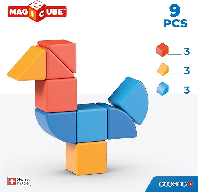 Geomag Swiss-Made MagiCube 9-Piece Magnetic Animal Shapes Building Set, Shaped Stacking Blocks for Toddlers & Kids Ages 1-5, STEM Educational Toy, Creativity, Imagination, Early Learning Fun