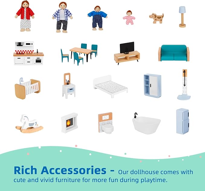 Wooden Dollhouse with Liftable Elevator - 2.6 Feet High Modern Doll House for Kids Toddlers - Including 21 Furniture Pieces, 4 Family Dolls, and 1 pet