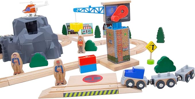 Lift and Load Wooden Train Set with Magnetic Crane, Magnetic Helicopter, Large Diesel Engine, Semi-Truck, Shipping Container Flat Car Compatible with Thomas, Brio, Chuggington, Melissa & Doug