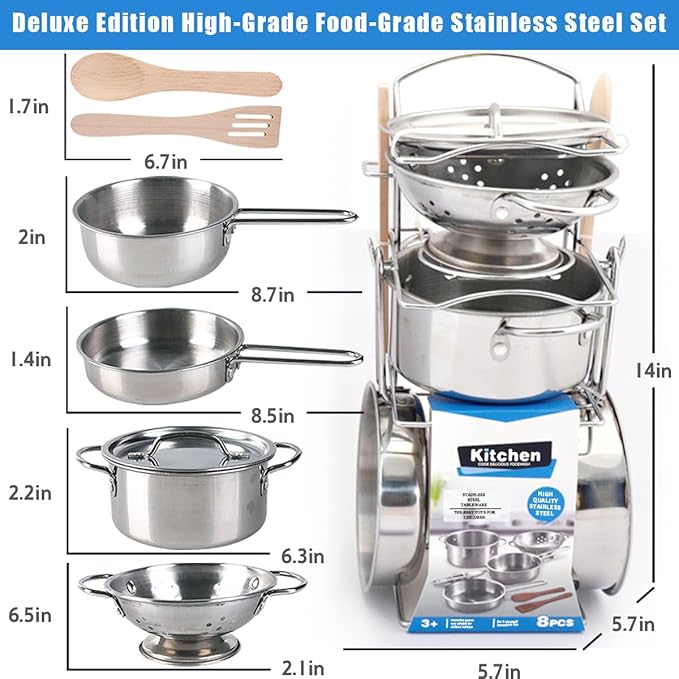 8 PCS Stainless Steel Play Pots and Pans Toys for Kids-Kitchen Playset Pretend Game Toys Cookware Cooking Utensils,Children Kitchen Accessories Set,Great Learning Gifts for Toddler & Boys Girls