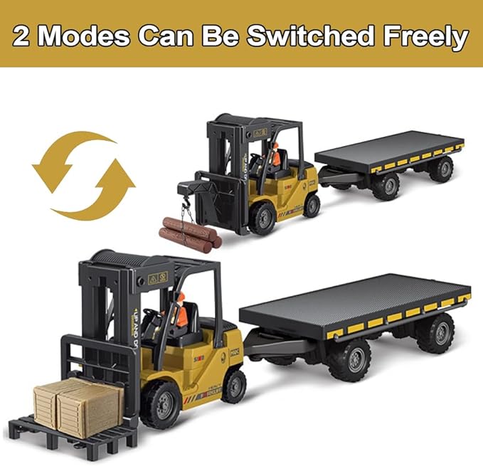 Remote Control Forklift with Flatbed Truck, 11 Channel RC Forklifts with Spray, Cool Lights & Sound, 2 in 1 Lift Fork & Hook, Crane Construction Toys for Boys, Birthday Gift for Kids 3+