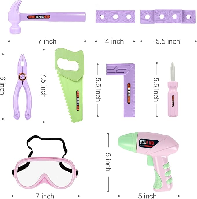 Kids Tool Set - Toddler Tool Playset with Toy Drill, Toy Tool Box, Construction Tools - Pretend Play Toddler Girl Toys Gifts for Toddlers Kids Aged 3 4 5 6 (Pink Tools)