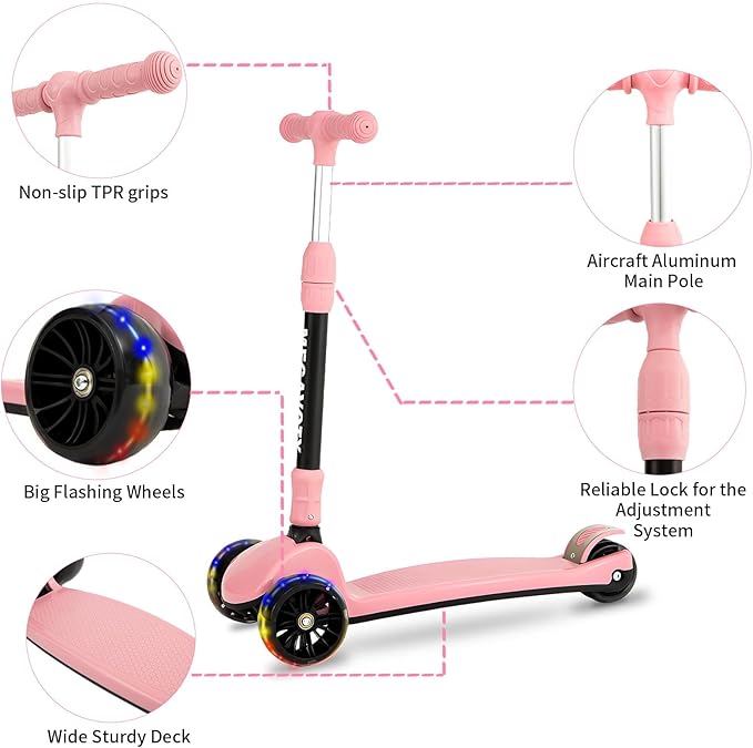 Kids & Adults Kick Scooter – 2 or 3 Wheel Options (LED on 3-Wheel) for Outdoor Fun & Commuting, Foldable and Portable, Adjustable Handle, Anti-Slip Deck (Ages 3 to Adult),Birthday Gift