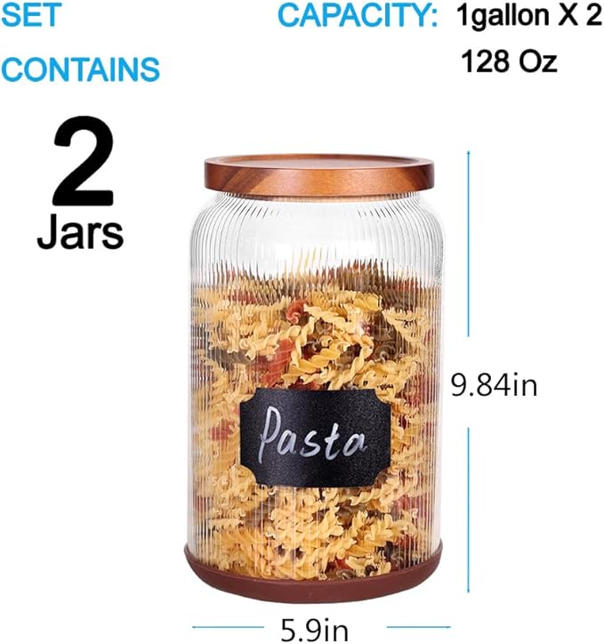 SAIOOL 2-Pack Striped Borosilicate Glass Airtight Canisters - Big mouth Large Capacity, Acacia Wood Lid, Food Storage Jars for Flour, Pasta, Pantry Organization (1 Gallon (2 Striped pack))