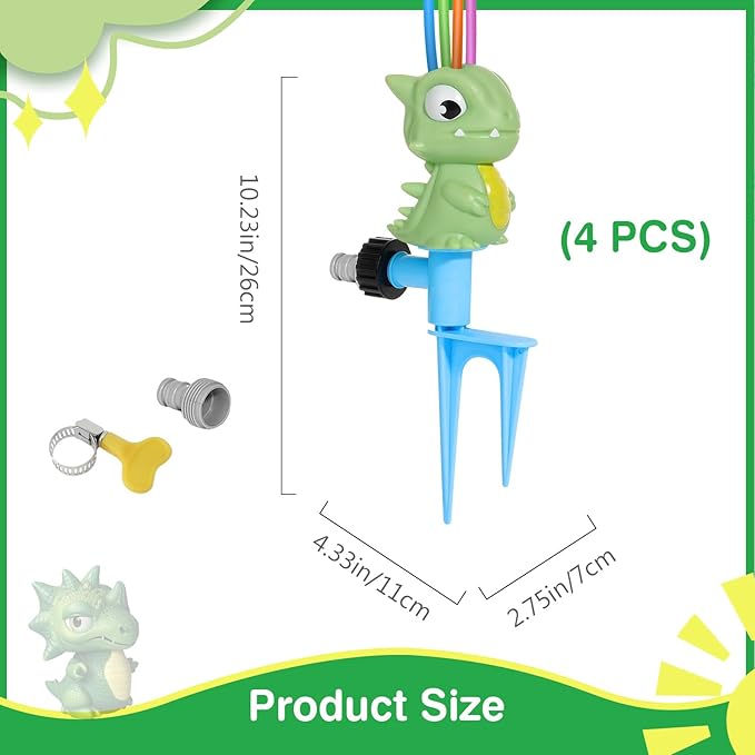 MoKo Water Sprinkler for Kids, Dinosaur Toddler Outdoor Toys with 4 Wiggle Tubes and Hose Clamp, Outdoor Play Toys Spray Up to 8ft, Summer Water Toys Sprinklers for Yard Lawn Garden, 4 Pack, 4 Colors