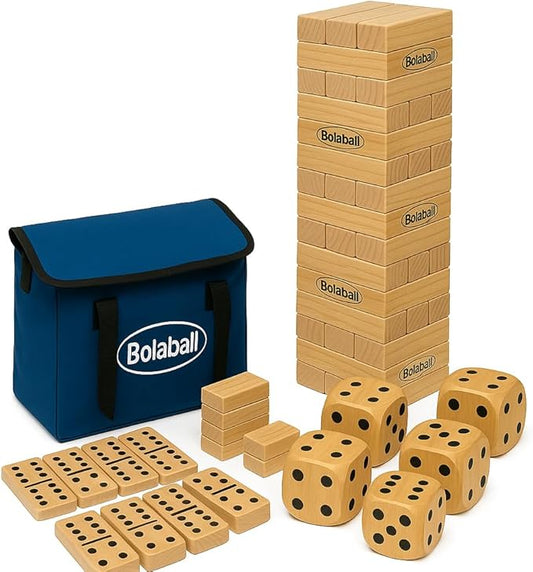 Outdoor Game Set Including 45 Giant Tumbling Blocks, 28 Giant Dominoes, and 6 Giant Dice, Giant Outdoor Games for Family Fun, Set of 3, Classic Block Giant Outdoor Game for Adults