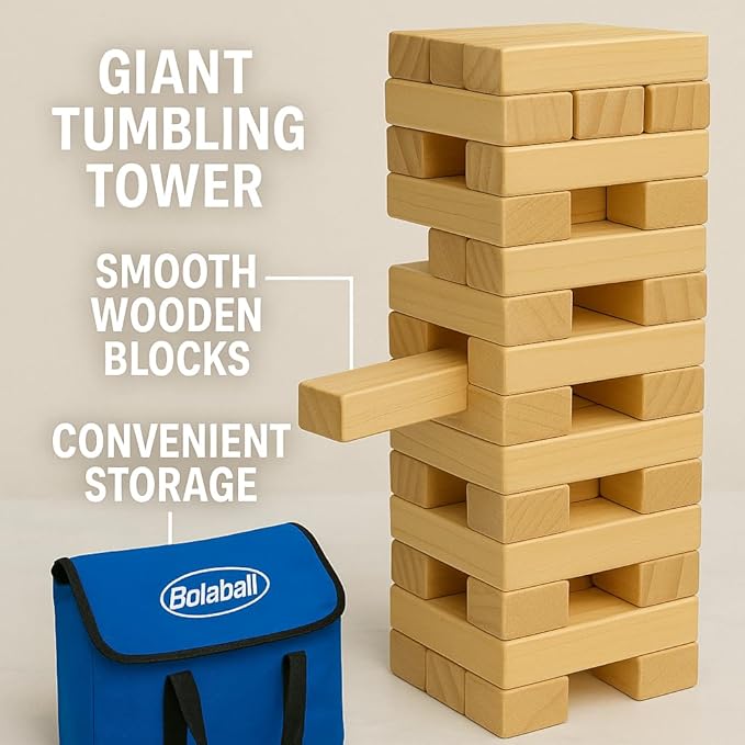 Giant Timber Tower, Outdoor Games Combo, 45 Giant Tumbling Blocks, 28 Giant Dominoes, and 6 Giant Dice, Classic Block Giant Outdoor Game for All Age Groups (Timber Tower)