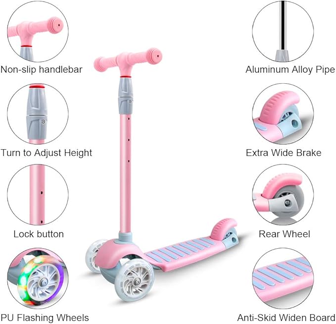 67i Scooter for Kids 3 Wheel Scooter Kids Kick Scooter for Toddler Girls Boys Scooter with Adjustable Height and Light-Up Wheels Scooter for Children Ages 3-12
