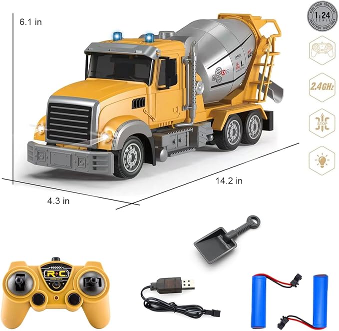 Fistone RC Cement Mixer Toy, 6 Channel Truck With Lights, 1:24 Electric 360 Degree Stirring Vehicle, Rechargeable Construction Truck for Kids