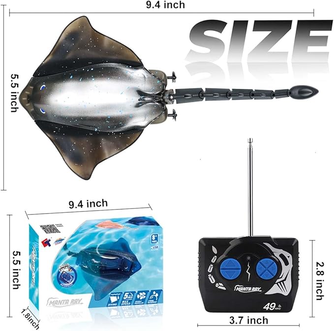 Pool Toys Remote Control Stingray Diving into Water High Simulation Robot Manta ray Lights Rechargeable Battery Remote Control Bathtub Summer Pool Toys Great Gift RC Boat for 8-12 Year Kids Black