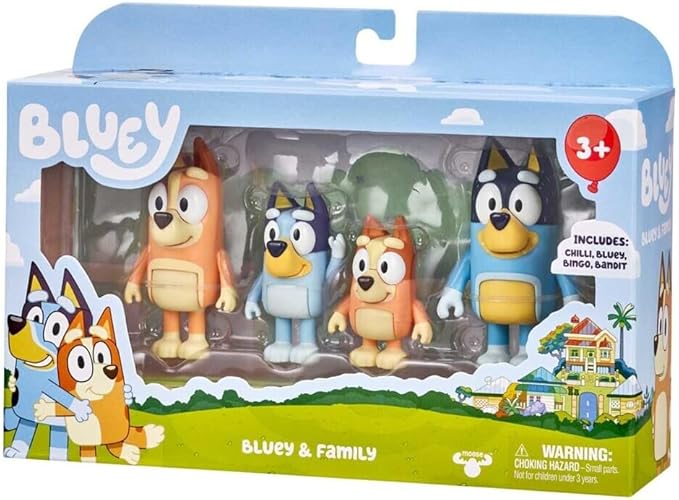 Bluey Family Figure 4-Pack – Includes Bluey, Bingo, Mum (Chilli) & Dad (Bandit), Poseable Collectible Toys for Kids, Durable Cake Toppers, for Toddlers & Fans, Ages 3+